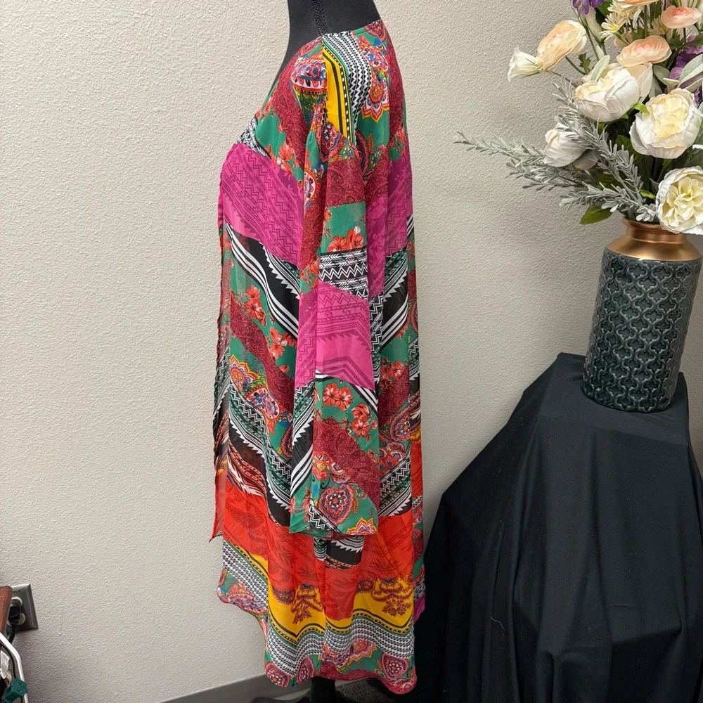Cato 22/24W Multicolor Boho Patchwork Kimono Open Front Duster Cardigan - Picture 2 of 6